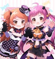 Rule 34 | 22nekone, 2girls, :d, ahoge, alternate hair color, bare shoulders, bat wings, black gloves, black jacket, black shorts, blush, bow, breasts, brown eyes, brown hair, candy, cleavage, cropped jacket, demon horns, detached collar, detached sleeves, dress, earrings, elbow gloves, fake horns, fake wings, fang, food, gloves, grid background, hair ornament, hair ribbon, hakozaki serika, hat, horns, idolmaster, idolmaster million live!, idolmaster million live! theater days, jacket, jewelry, long hair, long sleeves, looking at viewer, mini hat, multiple girls, navel, ogami tamaki, one side up, open mouth, outside border, paw pose, pink background, polka dot, polka dot dress, ribbon, shorts, small breasts, smile, striped, striped background, thigh strap, twintails, wings