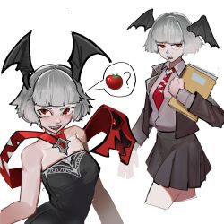 Rule 34 | 1girl, ?, absurdres, bare shoulders, bat wings, black dress, black jacket, black skirt, collarbone, commentary, demon girl, dress, english commentary, fangs, folder, grey hair, head wings, highres, holding, holding folder, jacket, looking at viewer, multiple views, necktie, office lady, open mouth, original, pink shirt, pleated skirt, red eyes, red necktie, shirt, short hair, simple background, skirt, sleeveless, sleeveless dress, speech bubble, teeth, tomato, upper teeth only, w3nzee, white background, wings