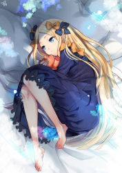 Rule 34 | 1girl, 2018, abigail williams (fate), barefoot, bed sheet, black bow, black dress, blonde hair, bloomers, blue eyes, bow, bug, butterfly, closed mouth, commentary request, dress, fate/grand order, fate (series), feet, forehead, hair bow, highres, insect, long hair, long sleeves, looking away, lying, nakashima tai, no headwear, hugging object, on side, orange bow, parted bangs, pillow, polka dot, polka dot bow, signature, sleeves past fingers, sleeves past wrists, solo, stuffed animal, stuffed toy, teddy bear, toenails, underwear, very long hair, white bloomers