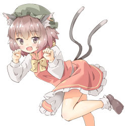 Rule 34 | 1girl, :d, animal ear fluff, animal ears, arnest, bobby socks, bow, bowtie, brown hair, cat ears, cat tail, chen, chinese clothes, earrings, fang, frilled skirt, frills, green hat, hat, high collar, jewelry, leaning forward, leg up, long sleeves, mob cap, multiple tails, open mouth, paw pose, red skirt, red vest, shirt, short hair, simple background, single earring, skirt, skirt set, smile, socks, solo, standing, standing on one leg, tail, touhou, two tails, vest, white background, white shirt, white socks, yellow bow, yellow bowtie