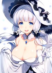 Rule 34 | 1girl, azur lane, bad id, bad pixiv id, blue eyes, blush, breasts, clothes lift, collarbone, detached collar, dress, dress lift, elbow gloves, gloves, hair ornament, hat, highres, illustrious (azur lane), kat (bu-kunn), large breasts, long hair, looking at viewer, low twintails, mole, mole under eye, open mouth, simple background, skirt hold, smile, solo, twintails, white background, white dress, white gloves, white hair