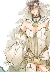 Rule 34 | 1boy, bare shoulders, belt, blush, bridal veil, brown hair, chain, cleavage cutout, clothing cutout, collar, cosplay, cropped legs, crossdressing, eyes visible through hair, fate/grand order, fate (series), gloves, grey eyes, highres, itokon300, leotard, lock, male focus, nero claudius (bride) (fate), nero claudius (bride) (fate) (cosplay), nero claudius (bride) (second ascension) (fate), nero claudius (fate), nero claudius (fate) (all), parted lips, pectoral cleavage, pectorals, puffy sleeves, revealing clothes, short hair, simple background, smile, solo, swept bangs, thighhighs, thighs, upper body, veil, white background, white gloves, white thighhighs, yamanami keisuke (fate), zipper