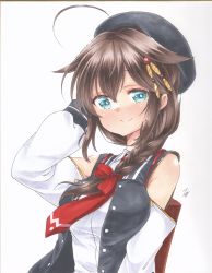 Rule 34 | 1girl, backpack, bag, beret, black hat, braid, commentary request, detached sleeves, hair flaps, hair over shoulder, hat, highres, jacket, kantai collection, letterman jacket, long hair, looking at viewer, necktie, official alternate costume, red necktie, shigure (kancolle), shigure kai ni (kancolle), simple background, single braid, solo, traditional media, upper body, white background, yuuki chima