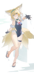 Rule 34 | 1girl, :o, alternate costume, animal ear fluff, animal ears, arknights, bare shoulders, black gloves, black one-piece swimsuit, blonde hair, blue hairband, bow, braid, braided hair rings, breasts, commentary request, covered navel, detached sleeves, flip-flops, fox ears, fox girl, fox tail, frilled one-piece swimsuit, frilled swimsuit, frills, full body, gloves, green eyes, grey footwear, hair rings, hairband, highres, kele mimi, kitsune, kyuubi, looking at viewer, multiple tails, one-piece swimsuit, parted lips, puffy short sleeves, puffy sleeves, red bow, sandals, short sleeves, sidelocks, skindentation, small breasts, solo, suzuran (arknights), swimsuit, tail, toes, twin braids, white sleeves