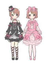 Rule 34 | 10s, 2girls, :o, alternate hairstyle, ankle lace-up, arm ribbon, black dress, black footwear, blush, bow, brown hair, choker, cross, cross-laced footwear, detached sleeves, dress, dual persona, flower, frilled dress, frilled ribbon, frills, full body, gothic lolita, hair bow, hat, hat flower, holding hands, jewelry, koizumi hanayo, lace-up, layered dress, leg wrap, lolita fashion, love live!, love live! school idol festival, love live! school idol project, multiple girls, necklace, pantyhose, pink dress, pink footwear, pink legwear, purple eyes, ribbon, ribbon choker, saku usako (rabbit), shoes, short hair, side ponytail, simple background, smile, sweet lolita, top hat, two side up, white background