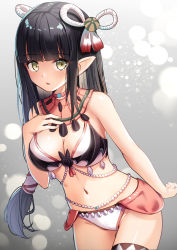 Rule 34 | 1girl, bare arms, bare shoulders, bikini, black hair, breasts, cleavage, cowboy shot, detached collar, gluteal fold, groin, hair ornament, hand on own chest, highres, long hair, looking at viewer, medium breasts, minoto, monster hunter (series), monster hunter rise, navel, parted lips, pointy ears, revision, sidelocks, solo, stomach, swimsuit, thighs, very long hair, white bikini, yan (nicknikg), yellow eyes