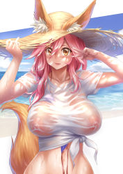 Rule 34 | 1girl, arms up, bai linqin, beach, bikini, bikini top only, blue bikini, blush, breasts, brown eyes, collarbone, covered erect nipples, day, ears through headwear, fate/grand order, fate (series), hand on headwear, hat, highres, large breasts, long hair, looking at viewer, navel, no bra, ocean, outdoors, parted lips, pink hair, shirt, short sleeves, smile, solo, straw hat, sun hat, swimsuit, t-shirt, tamamo (fate), tamamo no mae (fate/extra), tamamo no mae (swimsuit lancer) (fate), tamamo no mae (swimsuit lancer) (second ascension) (fate), upper body, v, v-neck, wavy hair, wet, wet clothes, wet shirt, white shirt