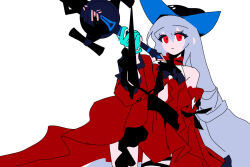 Rule 34 | 1girl, aqua gloves, arknights, ascot, belt, black ascot, black belt, black hat, breasts, choker, closed mouth, cosplay, detached sleeves, dress, frilled sleeves, frills, gloves, grey hair, hat, holding, holding sword, holding weapon, long hair, long sleeves, medium breasts, red choker, red dress, red eyes, self cosplay, simple background, skadi (arknights), skadi (arknights) (cosplay), skadi the corrupting heart (arknights), solo, sword, very long hair, weapon, white background, wide sleeves, xity