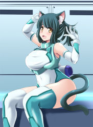 Rule 34 | 1girl, :d, animal ear fluff, animal ears, bare shoulders, blush, bodysuit, cat ears, cat tail, covered navel, detached sleeves, gloves, green hair, leotard, medium hair, milk (tonpuu), open mouth, original, ponytail, shiny clothes, sidelocks, sitting, skin tight, smile, solo, tail, tareme, thighhighs, thighs, tonpuu, white gloves, yellow eyes