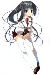 Rule 34 | 1girl, :o, absurdres, black eyes, black hair, blush, book, carrying, collared shirt, eyebrows, formal, highres, holding, holding book, kagome (traumatize), leaning forward, long hair, long sleeves, looking at viewer, necktie, parted lips, ponytail, red necktie, school uniform, shirt, skirt, solo, suit, thighhighs, very long hair, white shirt, white thighhighs, zettai ryouiki