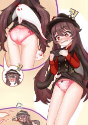 Rule 34 | !, !!, !?, 1girl, 1other, accidental exposure, alternate costume, angry, artist request, ass, assisted exposure, blush, boo tao (genshin impact), breasts, brown hair, chasing, clothes lift, dress, dress lift, embarrassed, from behind, full-face blush, genshin impact, ghost, hat, highres, hu tao (genshin impact), long hair, open mouth, panties, red eyes, short dress, skirt, skirt lift, small breasts, smile, twintails, underwear, very long hair