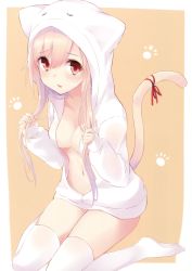 Rule 34 | 1girl, absurdres, animal hood, blonde hair, bottomless, breasts, cat tail, cleavage, highres, hood, long hair, medium breasts, navel, no bra, open clothes, original, parted lips, red eyes, ribbon, scan, sidelocks, sitting, solo, tail, tail ornament, tail ribbon, takehana note, tears, thighhighs, wariza, white thighhighs