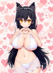 Rule 34 | 1girl, absurdres, animal ears, asamura hiori, atago (azur lane), atago (summer march) (azur lane), atago (summer march) (azur lane), azur lane, bikini, black hair, blush, breasts, choker, cleavage, extra ears, gluteal fold, hair ribbon, heart, heart background, heart hands, highres, large breasts, long hair, looking at viewer, mole, mole under eye, navel, orange eyes, ribbon, smile, solo, swimsuit, white bikini, yellow eyes