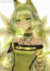 Rule 34 | 1girl, animal ears, arknights, artist name, bad id, bad pixiv id, bare shoulders, bright background, detached collar, flower, green eyes, highres, jewelry, kal&#039;tsit (arknights), lily (flower), parted lips, pendant, see-through, see-through sleeves, short hair, solo, upper body, white background, xanax025