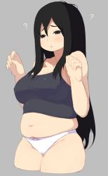Rule 34 | 1girl, ?, accio, bare shoulders, belly, black eyes, black hair, blush, breasts, camisole, cleavage, female focus, hands up, large breasts, long hair, midriff, navel, panties, parted lips, plump, simple background, solo, thick thighs, thighs, underwear, upper body, white panties