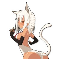 Rule 34 | 1girl, animal ears, bad id, bad pixiv id, blush, cat ears, cat tail, coconut (evil000000s), elbow gloves, fingerless gloves, gloves, looking at viewer, looking back, nonoko (evil000000s), nonoko (nishino), original, short hair, simple background, solo, tail, waero, white background