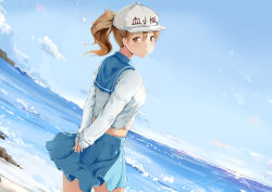 Rule 34 | 10s, 1264222972, 1girl, absurdres, arms behind back, blue skirt, blue sky, brown eyes, brown hair, candy, character name, cloud, cowboy shot, day, dutch angle, floating hair, food, from behind, hair between eyes, hat, hataraku saibou, highres, lollipop, looking at viewer, looking back, miniskirt, outdoors, platelet (hataraku saibou), pleated skirt, ponytail, shirt, skirt, sky, solo, takeuchisekei, white hat, white shirt