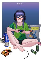 Rule 34 | 1girl, :o, alien (toy story), barefoot, black shorts, blossom (ppg), blue eyes, blue hair, book, book stack, border, bubbles (ppg), buttercup (ppg), can, cellphone, chips (food), controller, deca purio, english text, food, game controller, glasses, green shirt, hair ornament, hairclip, headphones, headset, highres, long hair, monster energy, open mouth, original, phone, pillow, playing games, potato chips, powerpuff girls, red-framed eyewear, shirt, short shorts, short sleeves, shorts, sidelocks, sitting, smartphone, t-shirt, thighs, toes, toy story, white border