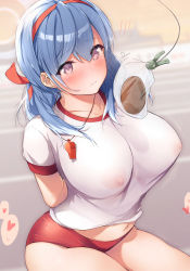 Rule 34 | 1girl, ako (blue archive), arms behind back, blue archive, blue eyes, blue hair, blush, breasts, buruma, collarbone, covered erect nipples, dermar, food, gym uniform, hair between eyes, hairband, halo, highres, large breasts, long hair, navel, nipples, see-through, shirt, short sleeves, solo, whistle, whistle around neck