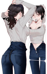 Rule 34 | 1girl, absurdres, adjusting hair, arms up, black bra, black hair, blue pants, bra, breasts, cleavage, cowboy shot, dated, from behind, grey sweater, guitar little sister (hitomi o), high-waist pants, highres, hitomi o, large breasts, long hair, looking at viewer, mirror, mouth hold, navel, original, pants, ponytail, reflection, ribbed sweater, signature, solo, sweater, underwear, zipper