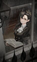 Rule 34 | 1girl, absurdres, animal ears, arknights, ascot, black jacket, book, brown hair, chochodas, extra ears, eyebrow piercing, from outside, highres, holding, holding book, indoors, jacket, lantern, long hair, long sleeves, looking at viewer, open book, penance (arknights), piercing, rain, solo, white ascot, window, wolf ears, wolf girl, yellow eyes