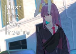 Rule 34 | 1girl, 38 (sanjuuhachi), alternate costume, animal ears, bag, black hoodie, blue hair, car, closed mouth, collared shirt, english text, hair between eyes, highres, hood, hoodie, house, long hair, long sleeves, looking to the side, motor vehicle, necktie, pink eyes, purple hair, purple necktie, rabbit ears, reisen udongein inaba, shadow, shirt, solo, touhou, wall, white shirt, window