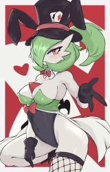 Rule 34 | 1girl, absurdres, alternate hair length, alternate hairstyle, animal ears, bare shoulders, black footwear, black gloves, black hat, black leotard, black thighhighs, blush, boots, border, bow, bowtie, breasts, buttons, card, clothed pokemon, colored skin, covered navel, creatures (company), detached collar, fake animal ears, fake tail, female focus, fishnet thighhighs, fishnets, game freak, gardevoir, gen 3 pokemon, gloves, green hair, green leotard, hair over one eye, hand up, hat, high ponytail, highres, leotard, looking at viewer, medium breasts, medium hair, mole, mole on breast, multicolored leotard, nintendo, one eye covered, open mouth, outside border, playboy bunny, playing card, pokemon, pokemon (creature), ponytail, rabbit ears, rabbit tail, red background, red bow, red bowtie, red eyes, single thighhigh, sitting, solo, strapless, strapless leotard, tail, thighhighs, top hat, traditional bowtie, white border, white skin, yoru (yoru vida)