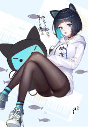 Rule 34 | 1girl, animal ears, black choker, black hair, black pantyhose, blue background, blue eyes, blue footwear, blue hair, blunt bangs, blush, bob cut, breasts, cat ears, choker, clothes writing, commentary request, crossed arms, crossed legs, drawstring, fake animal ears, fine fabric emphasis, fish, gems company, highres, hood, hood down, hoodie, invisible chair, jewelry, long sleeves, looking at viewer, medium breasts, mizushima aoi (virtual youtuber), multicolored hair, open mouth, panties, panties under pantyhose, pantyhose, pendant, pre (preecho), shoes, short hair, signature, sitting, smile, solo, star (symbol), stuffed toy, thighband pantyhose, translated, translation request, two-tone background, two-tone hair, underwear, untied footwear, virtual youtuber