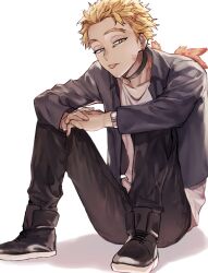 Rule 34 | 1boy, black choker, black footwear, black jacket, black pants, blonde hair, boku no hero academia, choker, collarbone, earrings, full body, grey shirt, hawks (boku no hero academia), highres, jacket, jewelry, looking at viewer, male focus, pants, pon52io, red wings, scar, scar on face, shirt, shoes, short hair, simple background, sitting, slit pupils, sneakers, solo, tongue, tongue out, watch, white background, wings, wristwatch, yellow eyes