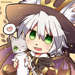 Rule 34 | 1boy, :3, animal, animal ear fluff, brown cape, brown headwear, cape, cat, cat boy, commentary request, commission, demon wings, fang, green eyes, grey cat, heart, holding, holding animal, holding cat, looking at viewer, lowres, male focus, open mouth, purple wings, ragnarok online, shiraazuma, short hair, skeb commission, solo, spoken heart, summoner (ragnarok online), upper body, whiskers, white hair, wings