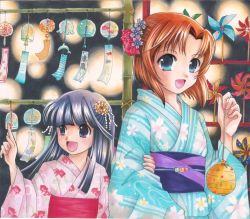 Rule 34 | 00s, 2girls, :d, bad id, bad pixiv id, blue eyes, blue hair, blue kimono, crease, festival, floral print, furude rika, gintarou (puipuiginta), hair ornament, higurashi no naku koro ni, japanese clothes, kimono, multiple girls, obi, open mouth, pink kimono, pinwheel, print kimono, red hair, ryuuguu rena, sash, scan, smile, striped clothes, striped kimono, traditional media, vertical-striped clothes, vertical-striped kimono, wind chime, yukata