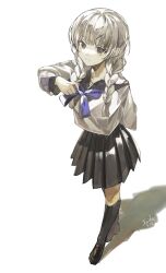 Rule 34 | 1girl, absurdres, arm behind back, black sailor collar, black skirt, black socks, bow, bowtie, braid, brown eyes, brown footwear, closed mouth, cui (jidanhaidaitang), dated, full body, hand up, highres, holding, holding bow (ornament), kneehighs, lifted by self, loafers, long hair, long sleeves, looking at viewer, original, painterly, pleated skirt, purple bow, purple bowtie, sailor collar, school uniform, shadow, shirt, shoes, signature, simple background, skirt, socks, solo, twin braids, walking, white background, white hair, white shirt