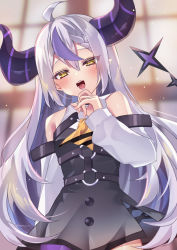 Rule 34 | 1girl, :d, absurdres, ahoge, bare shoulders, black dress, blurry, blurry background, blush, braid, chierishu, commentary, crown braid, detached sleeves, dress, eyes visible through hair, hair between eyes, highres, hololive, horns, la+ darknesss, long hair, long sleeves, multicolored hair, o-ring, open mouth, pointy ears, purple hair, single braid, smile, solo, two-tone hair, very long hair, virtual youtuber, white hair, yellow eyes