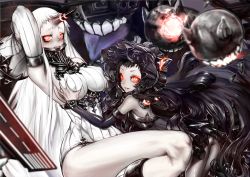 Rule 34 | 10s, 2girls, abyssal ship, akaiyou, armpits, arms up, ass, black hair, blush, grabbing another&#039;s breast, breasts, claws, detached sleeves, dress, gothic lolita, grabbing, horns, isolated island oni, kantai collection, large breasts, lolita fashion, long hair, looking at viewer, multiple girls, pale skin, pantyhose, red eyes, ribbed dress, seaport princess, short dress, sideboob, single horn, smile, tears, very long hair, white hair