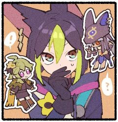 Rule 34 | !, 1girl, 2boys, ?, ahoge, animal ears, animal hat, black gloves, black hair, black headwear, blunt ends, border, brown background, brown dress, brown eyes, brown thighhighs, cape, capelet, chibi, chibi inset, closed mouth, collei (genshin impact), covering own mouth, cyno (genshin impact), dark-skinned male, dark skin, drawstring, dress, earrings, egyptian clothes, fake animal ears, flower, fox ears, genshin impact, gloves, green capelet, green eyes, green hair, grey hair, hair between eyes, hair ornament, hair over one eye, hand up, hat, hood, hood down, hoodie, jackal ears, jewelry, long sleeves, looking at viewer, medal, medium hair, multicolored clothes, multicolored eyes, multicolored hair, multiple boys, nploser, one eye covered, purple eyes, red eyes, short hair, simple background, single earring, smile, speech bubble, spoken exclamation mark, spoken question mark, streaked hair, sweatdrop, thighhighs, tighnari (genshin impact), v-shaped eyebrows, white border, white flower, yellow cape
