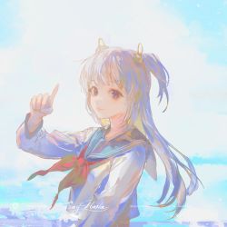 Rule 34 | 1girl, artist name, black sailor collar, blue sky, closed mouth, cloud, cloudy sky, day, grey hair, instagram username, long hair, long sleeves, looking at viewer, neckerchief, original, outdoors, pixiv id, pointing, purple eyes, red neckerchief, sailor collar, say hana, school uniform, serafuku, shirt, signature, sky, smile, solo, twitter username, two side up, upper body, very long hair, white shirt