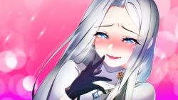 Rule 34 | 1girl, black gloves, blue eyes, blush, close-up, eyes visible through hair, game cg, gloves, hair over shoulder, half-closed eyes, hand on own face, heart, heart-shaped pupils, highres, jewelry, light particles, long hair, lovestruck, military uniform, miracle snack shop, necklace, non-web source, nose blush, official art, open mouth, parted bangs, philia salis, pink background, raised eyebrows, solo, sweat, sweatdrop, symbol-shaped pupils, talesshop, turtleneck, ukero, uniform, white hair