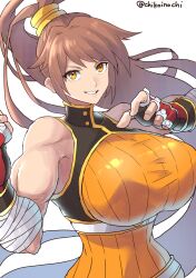 Rule 34 | 1girl,  eyes, absurdly long hair, artist name, bandaged arm, bandages, bare shoulders, belt, bodysuit, breasts, brown hair, buttons, chikoinochi, clenched hand, dnf duel, dungeon and fighter, female focus, fighter (dungeon and fighter), fingerless gloves, gloves, highres, large breasts, long hair, looking at viewer, low-tied long hair, muscular, muscular female, ponytail, shiny clothes, simple background, skin tight, sleeveless, sleeveless bodysuit, smile, standing, striker (dungeon and fighter), teeth, turtleneck, twitter username, very long hair, white background, yellow eyes