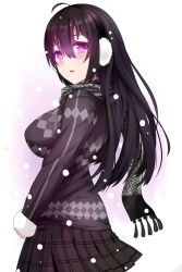 Rule 34 | 1girl, ahoge, bad id, bad pixiv id, beifeng han, black hair, breasts, from side, glowing, hair between eyes, large breasts, long hair, looking at viewer, miniskirt, miyaura sanshio, open mouth, original, plaid, plaid skirt, pleated skirt, purple eyes, skirt, solo, sweater, v arms