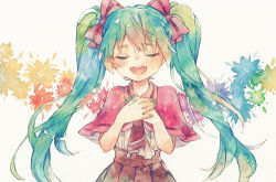 Rule 34 | 1girl, :d, bad id, bad pixiv id, blush, bow, brown skirt, capelet, closed eyes, commentary, eyelashes, facing viewer, floating hair, green hair, green nails, hair bow, hatsune miku, long hair, nail polish, oharu-chan, open mouth, own hands together, painting (medium), pleated skirt, skirt, smile, solo, symbol-only commentary, teeth, tongue, traditional media, twintails, vocaloid, watercolor (medium), |d