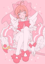 1girl :d ^_^ absurdres antenna_hair bow bowtie brown_hair cardcaptor_sakura cherry_blossoms closed_eyes dress facing_viewer flower_(symbol) frills full_body fuuin_no_tsue glove_bow gloves hand_on_own_knee hat hat_bow highres holding holding_wand kinomoto_sakura kinomoto_sakura_(magic_dream_costume) kisumi_rei knees_up magical_girl open_mouth parted_lips pastel_colors pink_background pink_bow pink_dress pink_hat puffy_sleeves shoes short_hair signature simple_background sitting smile solo wand white_gloves white_wings wings