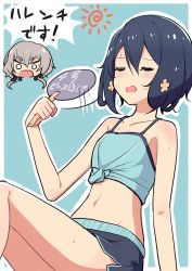 Rule 34 | 2girls, absurdres, black hair, black shorts, camisole, cbgb, chibi, chibi inset, closed eyes, dolphin shorts, frown, green shirt, grey hair, hair ornament, hand fan, highres, holding, holding fan, konno junko, leaning back, midriff, mizuno ai, motion lines, multiple girls, navel, open mouth, paper fan, shirt, short hair, short shorts, shorts, sitting, sweat, tied shirt, translated, twintails, v-shaped eyebrows, zombie land saga