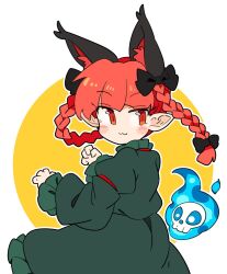 Rule 34 | 1girl, :3, animal ears, blush, braid, cat ears, closed mouth, dress, extra ears, flaming skull, frilled sleeves, frills, green dress, highres, ini (inunabe00), kaenbyou rin, long hair, long sleeves, pointy ears, red eyes, red hair, skull, sleeve garter, smile, solo, touhou, twin braids