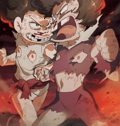 Rule 34 | 10s, 2boys, afro, aoki (fumomo), bad id, bad twitter id, blood, blurry, broken tooth, buck teeth, clenched hand, facial hair, fighting, gradient background, iyami, male focus, matsuno osomatsu, multiple boys, mustache, nippleless clothes, nipples, nosebleed, osomatsu-kun, osomatsu-san, osomatsu (series), teeth, torn clothes