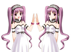 Rule 34 | 00s, 2girls, bracelet, brown eyes, collar, euryale (fate), fate/hollow ataraxia, fate/stay night, fate (series), ishigami kazui, jewelry, jpeg artifacts, long hair, multiple girls, purple hair, siblings, sisters, standing, stheno (fate), symmetry, twins, twintails, very long hair, white background
