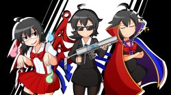 Rule 34 | &gt;:), 3girls, ahoge, asymmetrical wings, black dress, black hair, black legwear, bow, bowtie, business suit, cape, closed eyes, collared shirt, cosplay, crossed arms, dress, energy gun, formal, hanako-san (toire no hanako-san), hanako-san (toire no hanako-san) (cosplay), houjuu nue, jacket, manorea, men in black, multiple girls, multiple persona, necktie, nue day, outstretched arms, pale skin, pantyhose, pointy ears, red eyes, shaded face, shirt, short hair, skirt, smile, smirk, sparkle, suit, suit jacket, sunglasses, suspenders, thighhighs, touhou, toyosatomimi no miko, toyosatomimi no miko (cosplay), ufo day, v-shaped eyebrows, weapon, wings, zombie pose