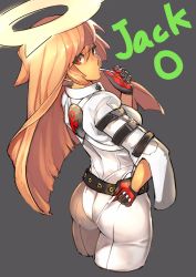Rule 34 | 1girl, absurdres, adjusting clothes, adjusting leotard, ass, belt, candy, character name, spiked halo, cropped legs, fingernails over gloves, food, from behind, gloves, guilty gear, guilty gear xrd, halo, highres, jack-o&#039; valentine, jacket, leotard, lollipop, looking at viewer, looking back, mouth hold, orange hair, pants, pantylines, red eyes, solo, unizama, white pants