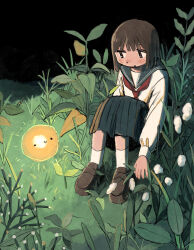 Rule 34 | 1girl, absurdres, brown footwear, brown hair, commentary, creature, english commentary, full body, glowing, grass, grey sailor collar, grey skirt, highres, knees up, loafers, long sleeves, looking at another, mamei mema, medium hair, nature, neckerchief, night, on ground, original, outdoors, plant, pleated skirt, red neckerchief, sailor collar, sailor shirt, school uniform, serafuku, shirt, shoes, sitting, skirt, socks, solo, white shirt, white socks