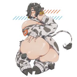 Rule 34 | 1girl, abstract background, absurdres, ahoge, animal ears, animal print, areola slip, ass, ass focus, barcode, bare shoulders, black hair, blue eyes, blush, breasts, collar, commentary, commentary request, cow print, cow tail, dated, detached sleeves, ear tag, fingerless gloves, full body, glasses, gloves, hair over one eye, hand on own ass, heart, high heels, highres, hoof shoes, horns, indie virtual youtuber, kneeling, large breasts, leg warmers, long sleeves, looking at viewer, looking back, medium hair, muroku-chan (muroku), muroku (aimichiyo0526), name tag, open mouth, orange panties, outline, panties, plump, raised eyebrow, safety pin, semi-rimless eyewear, shadow, shiny skin, signature, stirrup legwear, tail, tareme, thick eyebrows, thick thighs, thighs, toeless legwear, under-rim eyewear, underwear, virtual youtuber, white background, white outline