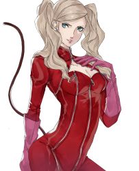Rule 34 | 1girl, arm up, blonde hair, blue eyes, bodysuit, boots, breasts, cat mask, cat tail, catsuit, cleavage cutout, clothing cutout, earrings, gloves, hand on own chest, high heels, highres, jewelry, lips, long hair, long sleeves, looking at viewer, looking back, mask, medium breasts, persona, persona 5, pertex 777, pink gloves, red bodysuit, red thighhighs, simple background, solo, tail, takamaki anne, thigh boots, thighhighs, twintails, white background, zipper